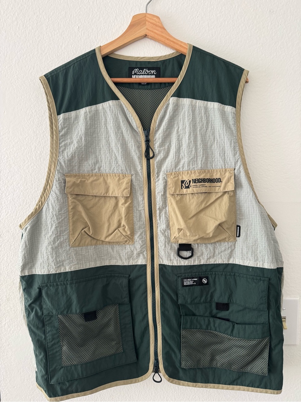 Malbon x Neighborhood Utility Vest in Green, Tan & Light Gray
